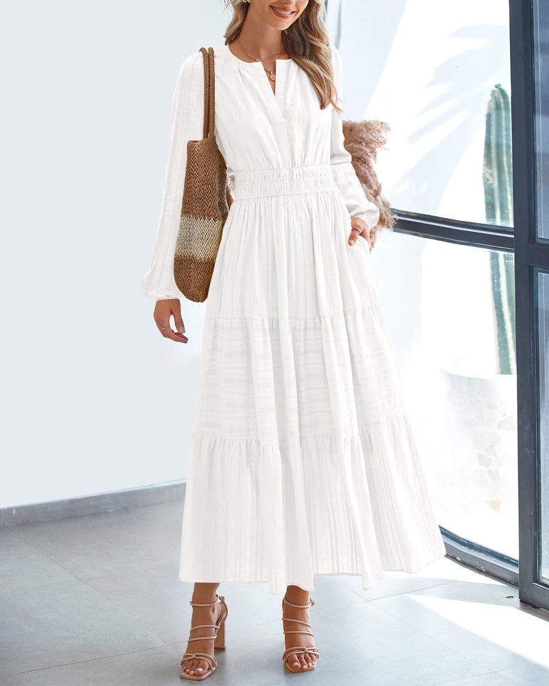 BTFBM Spring Dresses for Women 2026 Casual Long Sleeve V Neck Elastic Waist Lightweight Maxi Wedding Guest Dress Pockets(White, Large) - Image 2