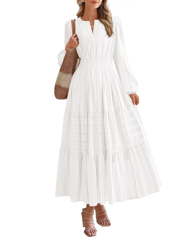 BTFBM Spring Dresses for Women 2026 Casual Long Sleeve V Neck Elastic Waist Lightweight Maxi Wedding Guest Dress Pockets(White, Large) - Image 1