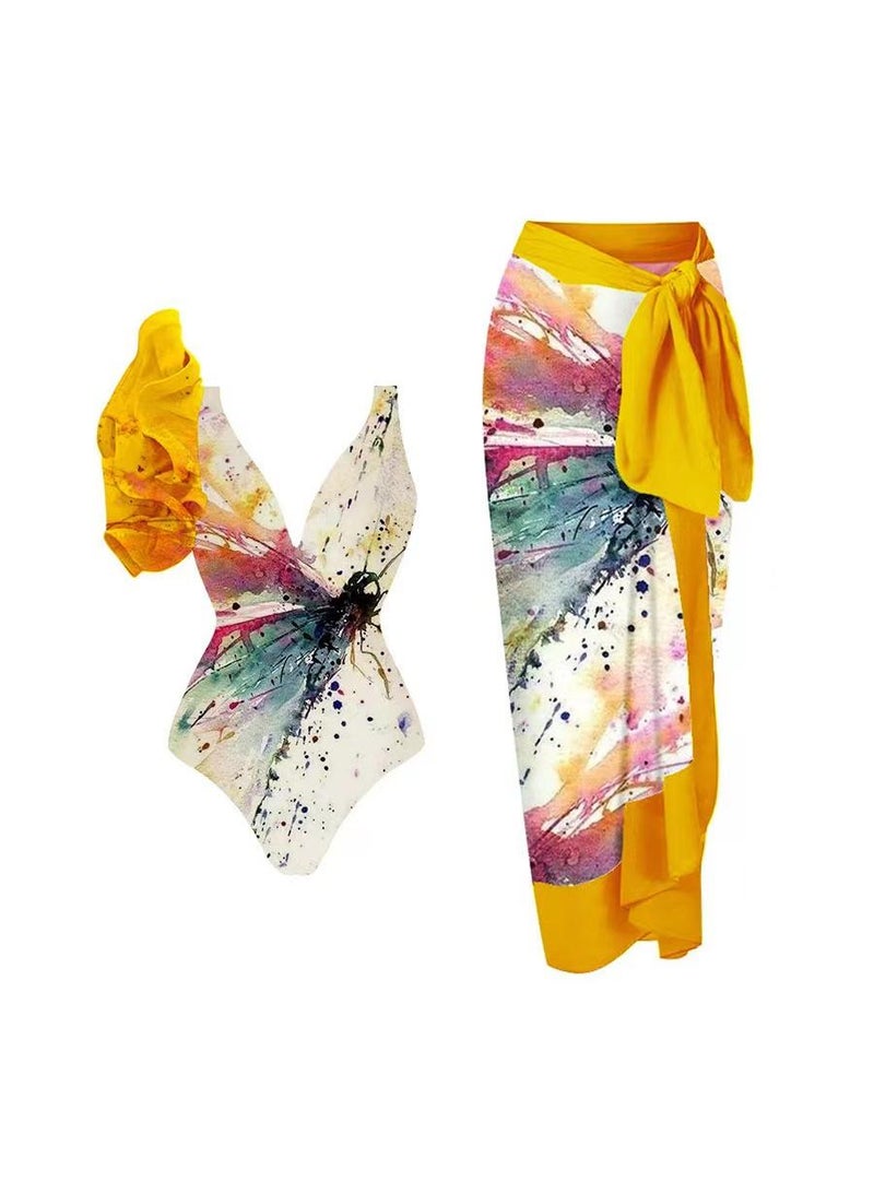 Y&D 2-Piece Women Single Shoulder Lotus Leaf Edge Printed Swimsuit With Skirt Holiday Beach Dress Female Retro Swimwear Vintage Surf Wear Summer  - Image 1