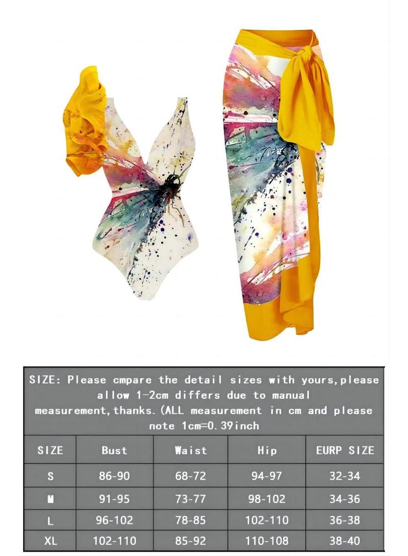 Y&D 2-Piece Women Single Shoulder Lotus Leaf Edge Printed Swimsuit With Skirt Holiday Beach Dress Female Retro Swimwear Vintage Surf Wear Summer  - Image 4
