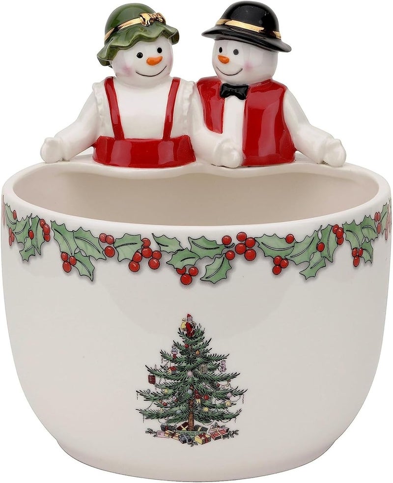 Spode Spode Christmas Tree 9Inch Candy Bowl  Mr  Mrs Snowman Decorative Earthenware Bowl for Serving Candy Nuts Holiday Treats  Festive Tableware  Charming Holiday Decor  Dishwasher Safe - Image 1