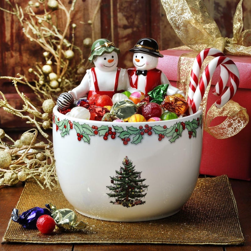 Spode Spode Christmas Tree 9Inch Candy Bowl  Mr  Mrs Snowman Decorative Earthenware Bowl for Serving Candy Nuts Holiday Treats  Festive Tableware  Charming Holiday Decor  Dishwasher Safe - Image 2