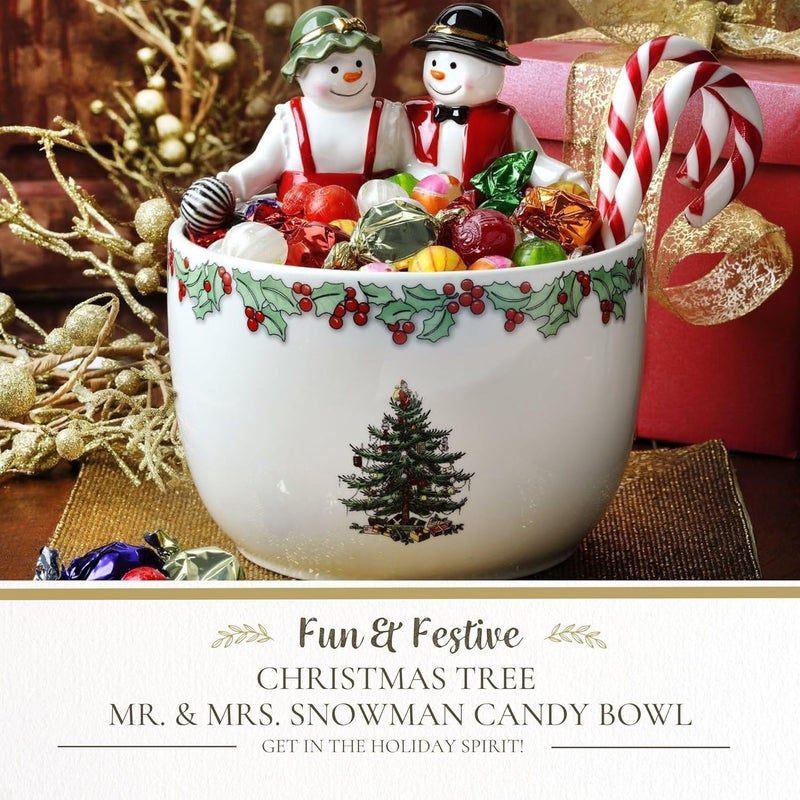 Spode Spode Christmas Tree 9Inch Candy Bowl  Mr  Mrs Snowman Decorative Earthenware Bowl for Serving Candy Nuts Holiday Treats  Festive Tableware  Charming Holiday Decor  Dishwasher Safe - Image 3
