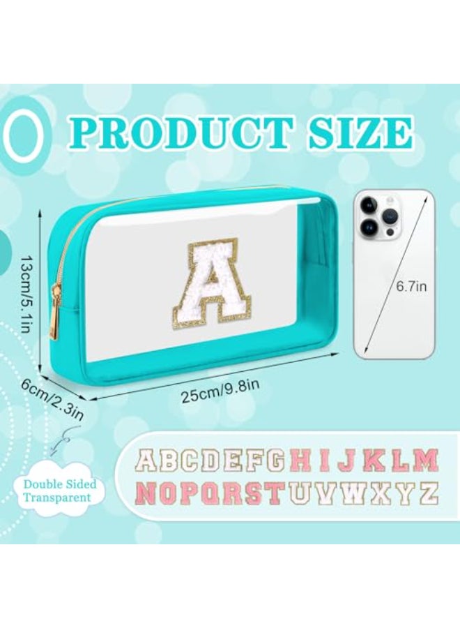 Iqimott Small Clear Personalized Initial Makeup BagNylon Preppy AZ Chenille Letter Patch Cosmetic Pouch Beach Toiletry BagWaterproof Zipper Travel Purse Storage Bag Organizer for Women GirlsCyanWhite A - Image 3