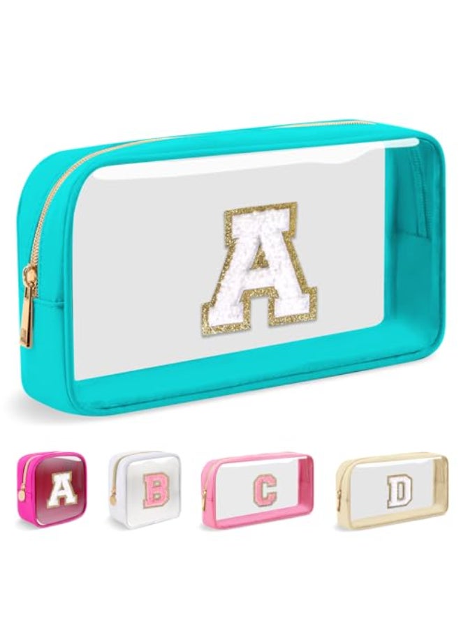 Iqimott Small Clear Personalized Initial Makeup BagNylon Preppy AZ Chenille Letter Patch Cosmetic Pouch Beach Toiletry BagWaterproof Zipper Travel Purse Storage Bag Organizer for Women GirlsCyanWhite A - Image 1