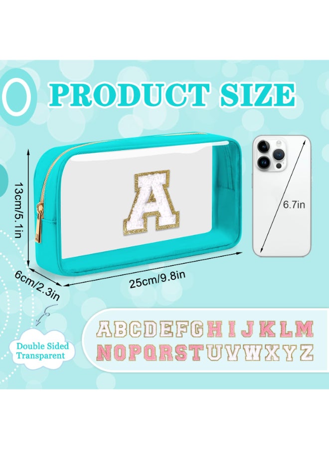 Iqimott Small Clear Personalized Initial Makeup BagNylon Preppy AZ Chenille Letter Patch Cosmetic Pouch Beach Toiletry BagWaterproof Zipper Travel Purse Storage Bag Organizer for Women GirlsCyanWhite A - Image 4