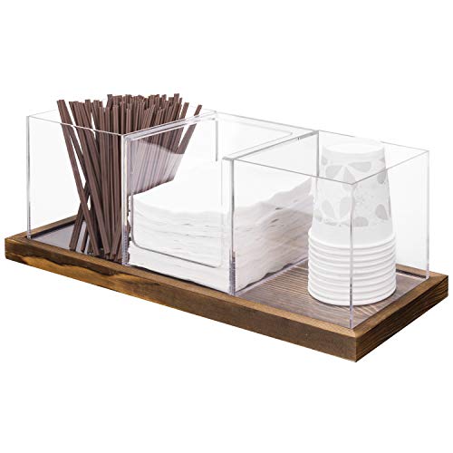 MyGift Modern Modular Coffee and Tea Station Organizer with 3 Removable Premium Clear Acrylic Compartments and Rustic Burnt Solid Wood Decorative Tray 4 Piece Set - Image 1