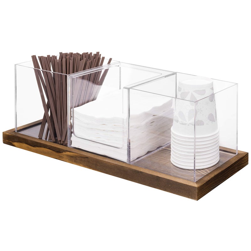 MyGift Modern Modular Coffee and Tea Station Organizer with 3 Removable Premium Clear Acrylic Compartments and Rustic Burnt Solid Wood Decorative Tray 4 Piece Set - Image 2