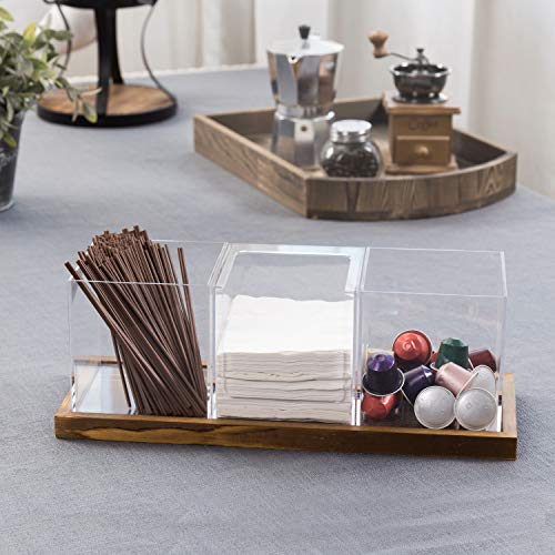MyGift Modern Modular Coffee and Tea Station Organizer with 3 Removable Premium Clear Acrylic Compartments and Rustic Burnt Solid Wood Decorative Tray 4 Piece Set - Image 3