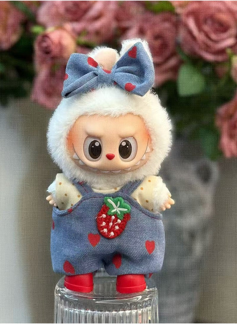 LABUBU Labubu Blue Polka Dot Romper & Bow Set for 17cm Doll - Handmade Strawberry Accents (Doll/Shoes Not Incl.) 