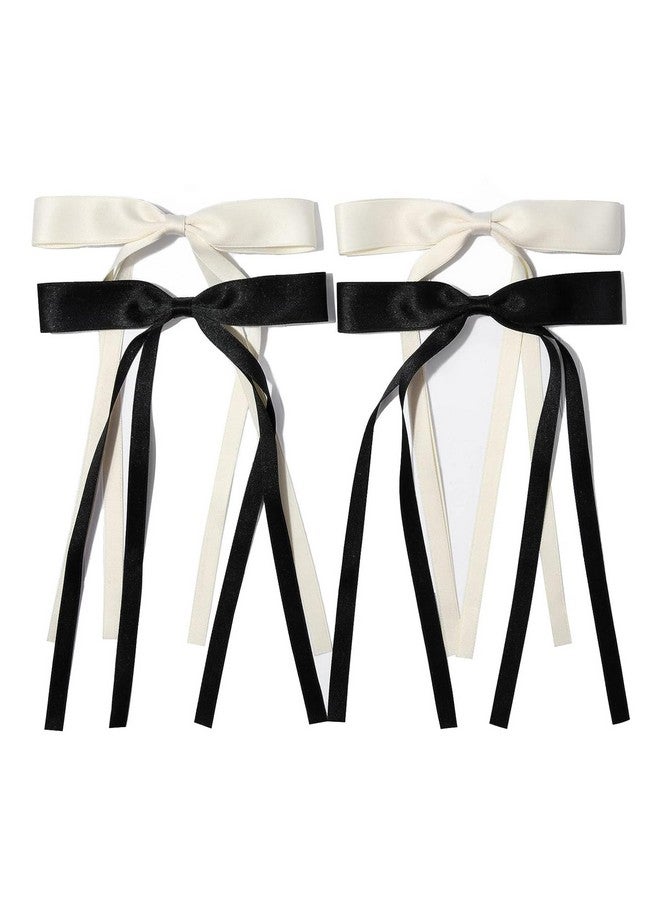 Ayesha Hair Bows Clips Ribbon Bowknot With Long Tail Princess Hair Bows French Barrettes Hair Accessories For Women Girls 4Pcs(Black&Cream) - Image 1
