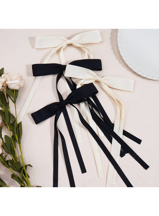 Ayesha Hair Bows Clips Ribbon Bowknot With Long Tail Princess Hair Bows French Barrettes Hair Accessories For Women Girls 4Pcs(Black&Cream) - Image 3