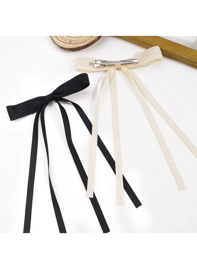 Ayesha Hair Bows Clips Ribbon Bowknot With Long Tail Princess Hair Bows French Barrettes Hair Accessories For Women Girls 4Pcs(Black&Cream) - Image 5