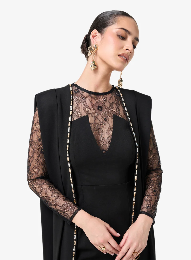 Threadz by Ajooni  Long Sleeve Lace Detail Midi Dress for Women | Best Price UAE