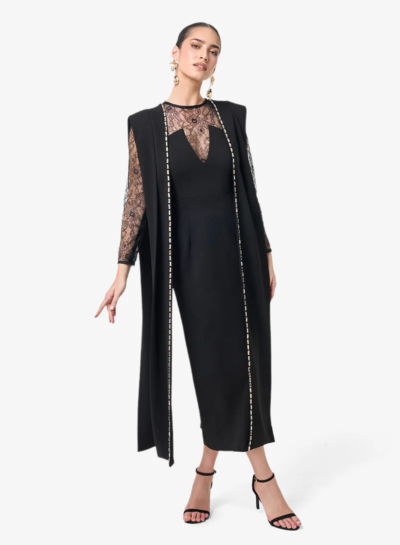 Threadz by Ajooni  Long Sleeve Lace Detail Midi Dress for Women | Best Price UAE
