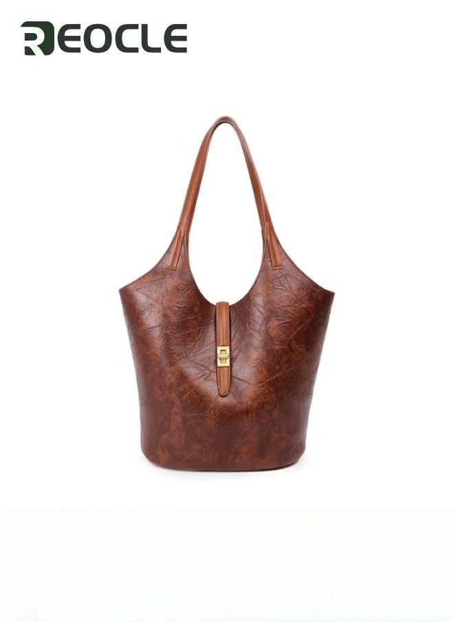 REOCLE Women's Leather Bucket Bag Stylish Lock Design Handbags Daily Casual Soft Shoulder Bags for Women Brown - Image 1