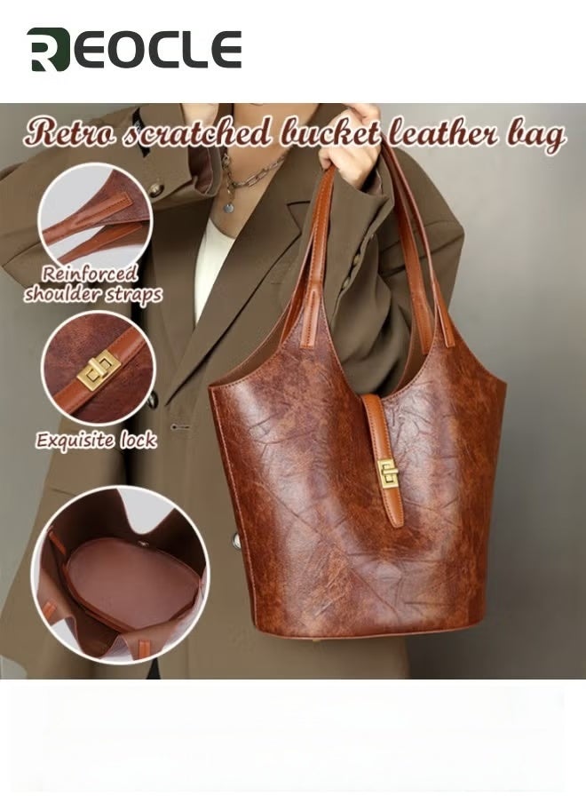 REOCLE Women's Leather Bucket Bag Stylish Lock Design Handbags Daily Casual Soft Shoulder Bags for Women Brown - Image 2