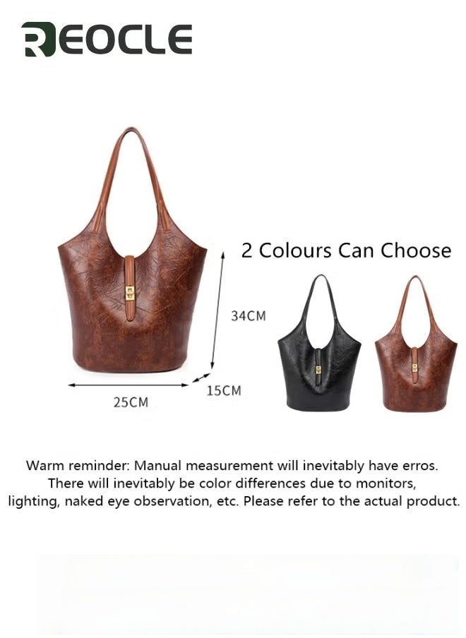 REOCLE Women's Leather Bucket Bag Stylish Lock Design Handbags Daily Casual Soft Shoulder Bags for Women Brown - Image 3