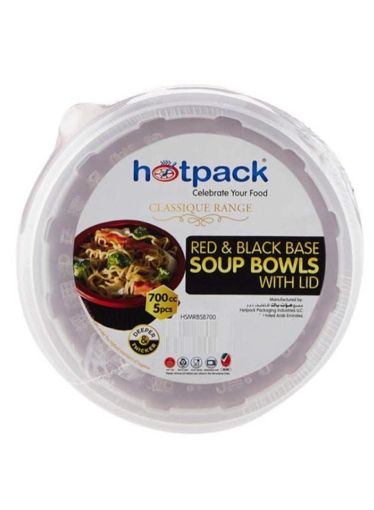 Hotpack Red & Black Base Soup Bowls With Lid 700 Cc 5 Pieces Pack - Image 1