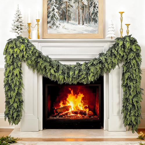 VersaCharm 6FT Extra Full Christmas Garland Real Touch Delux Cedar Garland Christmas Decorations Lush Realistic Winter Pine Garland for Mantle, Table, Stairs, Railing, Fireplace Indoor Outdoor Holiday Xmas Decor - Image 1