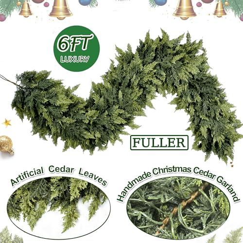 VersaCharm 6FT Extra Full Christmas Garland Real Touch Delux Cedar Garland Christmas Decorations Lush Realistic Winter Pine Garland for Mantle, Table, Stairs, Railing, Fireplace Indoor Outdoor Holiday Xmas Decor - Image 4