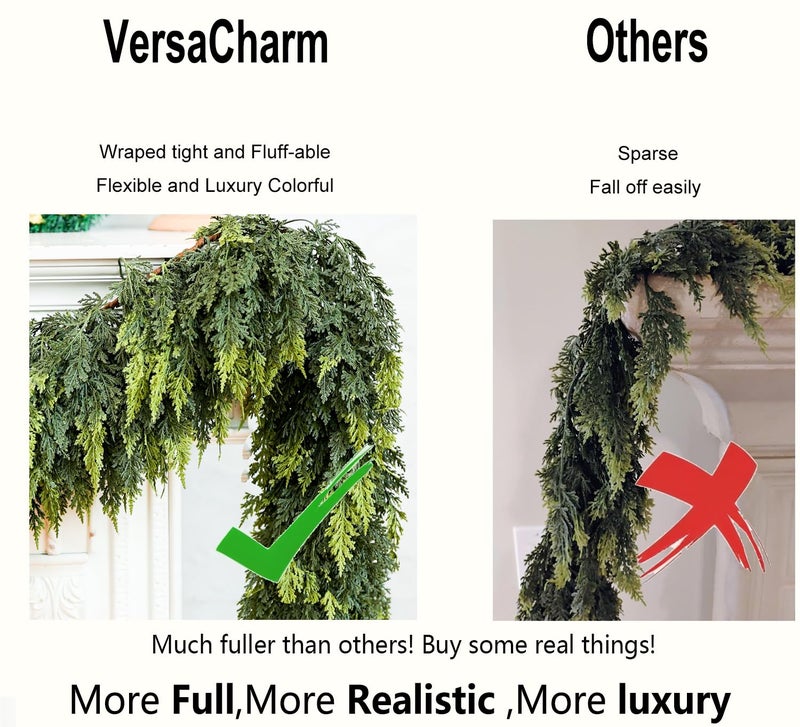 VersaCharm 6FT Extra Full Christmas Garland Real Touch Delux Cedar Garland Christmas Decorations Lush Realistic Winter Pine Garland for Mantle, Table, Stairs, Railing, Fireplace Indoor Outdoor Holiday Xmas Decor - Image 5