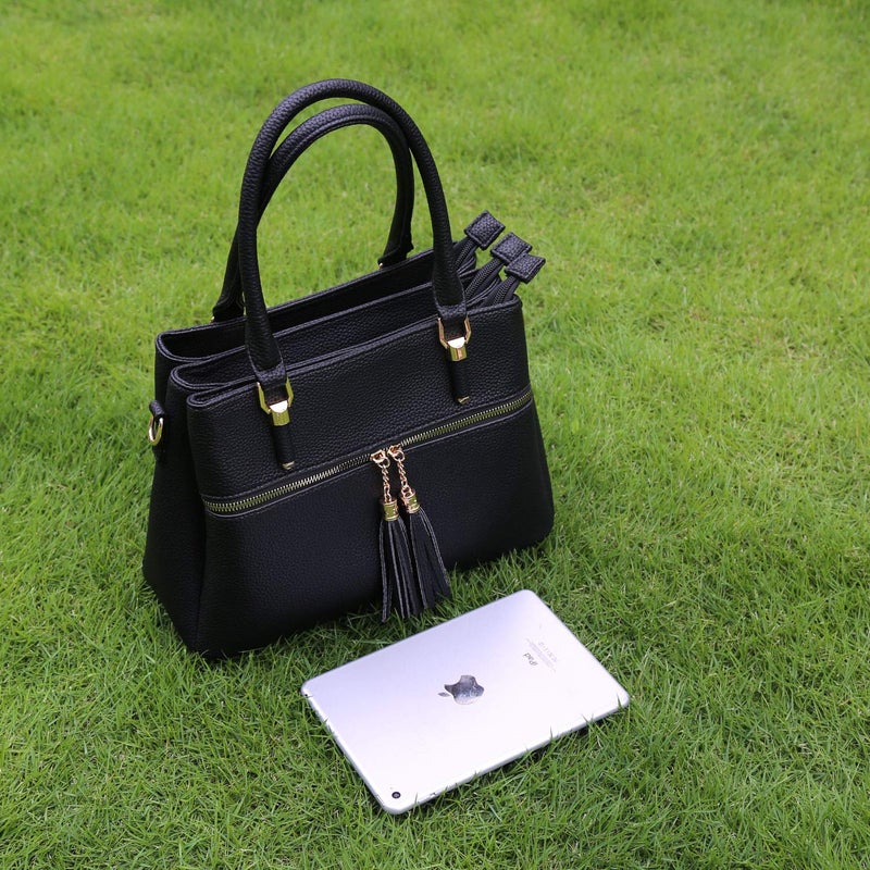 KKXIU 3 Zippered Compartments Purses and Handbags for Women Vegan Leather Ladies Multi Pocket Satchel Bags (D-black) - Image 3