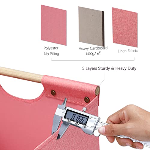 HOONEX Large Foldable Storage Bins, Linen Fabric, Pack of 2, Storage Baskets with Wooden Carry Handles and Sturdy Heavy Cardboard, for Home, Office, Car, Nursery, Pink - Image 4