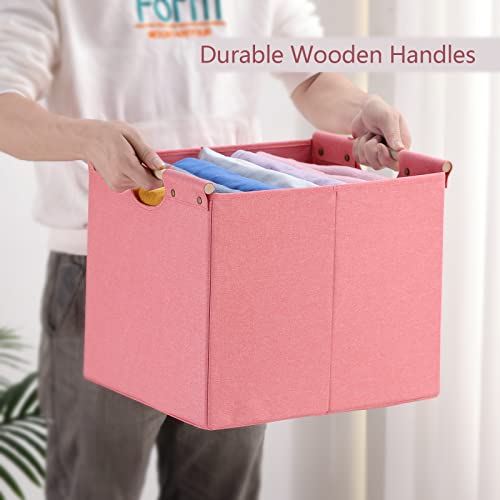 HOONEX Large Foldable Storage Bins, Linen Fabric, Pack of 2, Storage Baskets with Wooden Carry Handles and Sturdy Heavy Cardboard, for Home, Office, Car, Nursery, Pink - Image 3