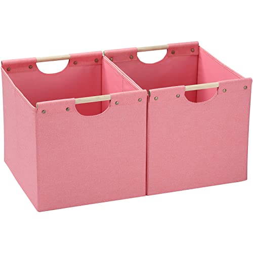 HOONEX Large Foldable Storage Bins, Linen Fabric, Pack of 2, Storage Baskets with Wooden Carry Handles and Sturdy Heavy Cardboard, for Home, Office, Car, Nursery, Pink - Image 1