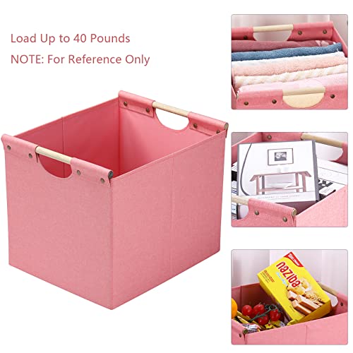 HOONEX Large Foldable Storage Bins, Linen Fabric, Pack of 2, Storage Baskets with Wooden Carry Handles and Sturdy Heavy Cardboard, for Home, Office, Car, Nursery, Pink - Image 2