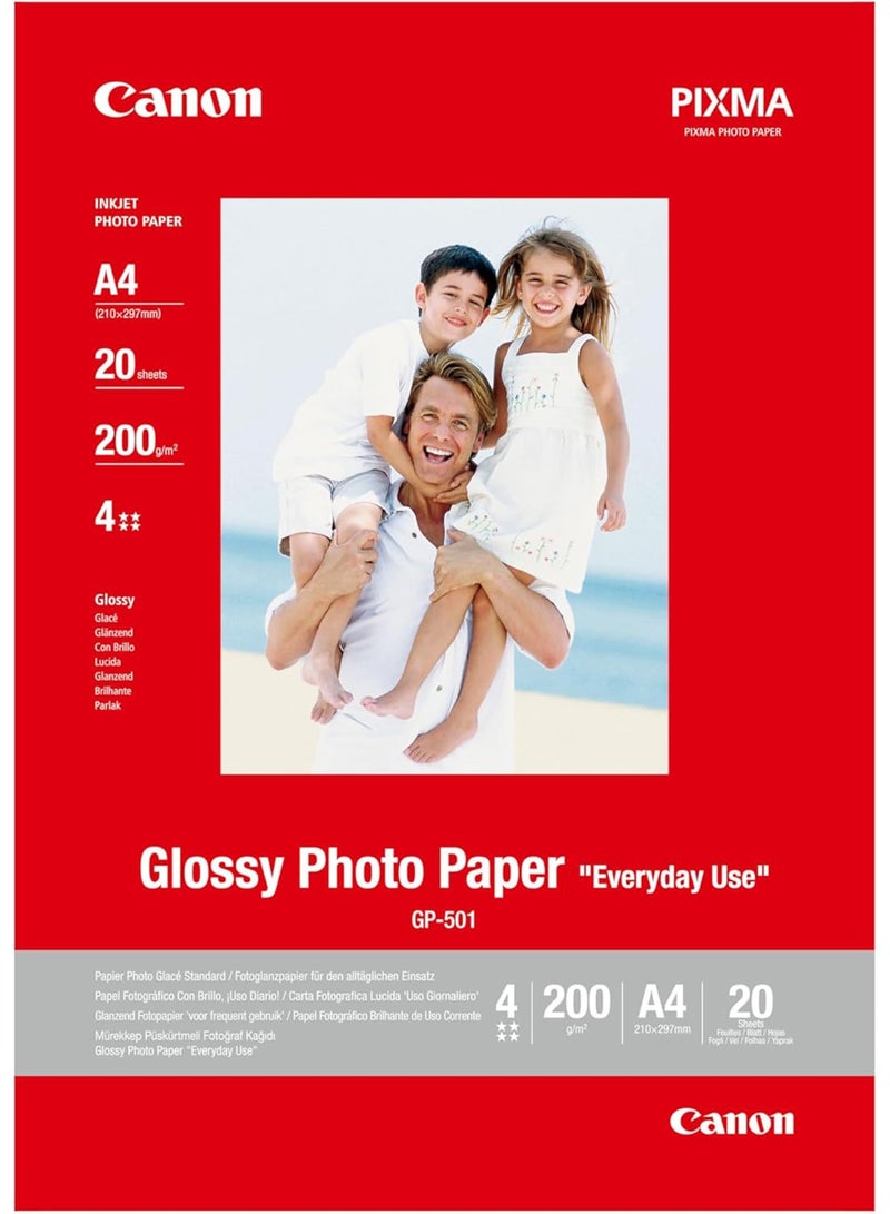 كانون ورق طباعة صور لامع من كانون GP-501، مقاس A4، 20 ورقة (200 جم/م2) متوافق مع طابعات بيكسما النافثة للحبر - Image 2