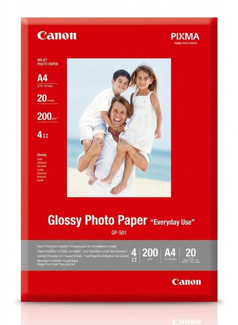 كانون ورق طباعة صور لامع من كانون GP-501، مقاس A4، 20 ورقة (200 جم/م2) متوافق مع طابعات بيكسما النافثة للحبر - Image 1