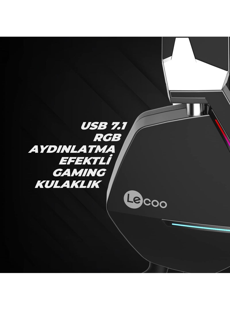 lecoo - HT402 USB 7.1 Surround RGB Gaming Headset – Detachable Noise Canceling Mic | Black - Image 1