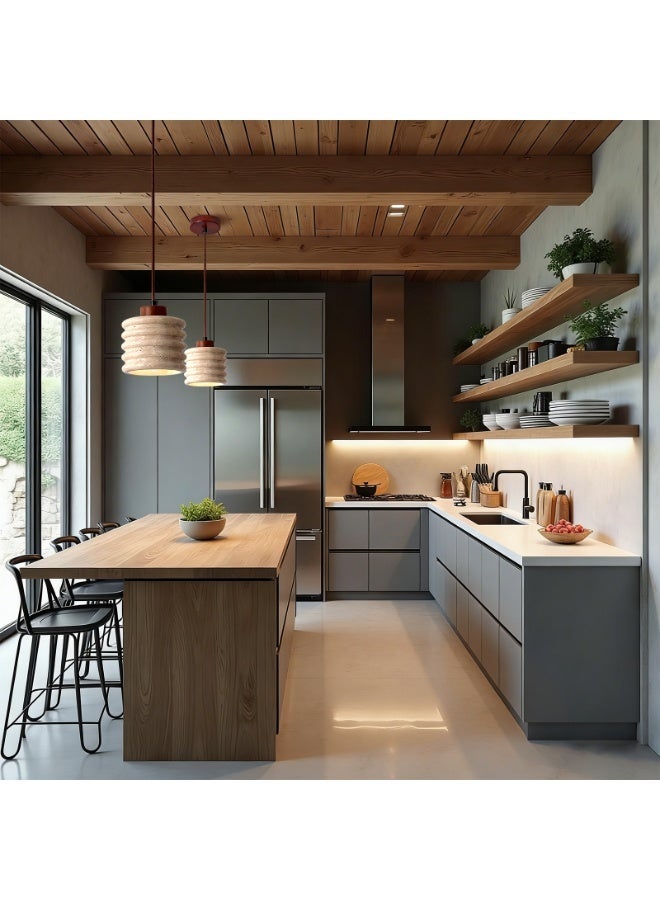 مصباح معلق بتصميم وابي-سابي - مصباح معلق عصري بنمط حجري حلزوني - قاعدة خشبية قابلة لتعديل الارتفاع، إضاءة دافئة E27 بقوة 3000 كلفن (المصباح مرفق)، مناسب لطاولة الطعام/الجانبية/جزيرة المطبخ - Image 3