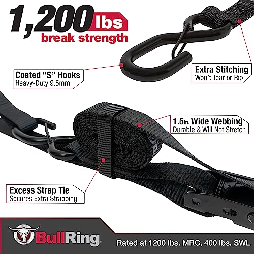 Bull Ring Cam-Lock Tie Downs with S Hooks (2PK) – Includes (2) Heavy-Duty 1" x 8' Straps 1,200lb Break Strength for UTV, Motorcycles, ATV, Trailers, Cars, Trucks - Image 4