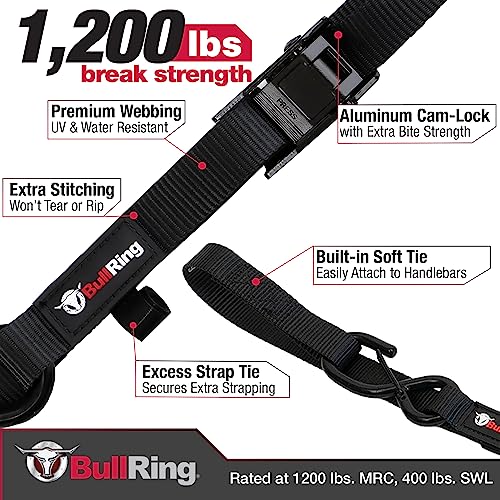 Bull Ring Cam-Lock Tie Downs with S Hooks (2PK) – Includes (2) Heavy-Duty 1" x 8' Straps 1,200lb Break Strength for UTV, Motorcycles, ATV, Trailers, Cars, Trucks - Image 2