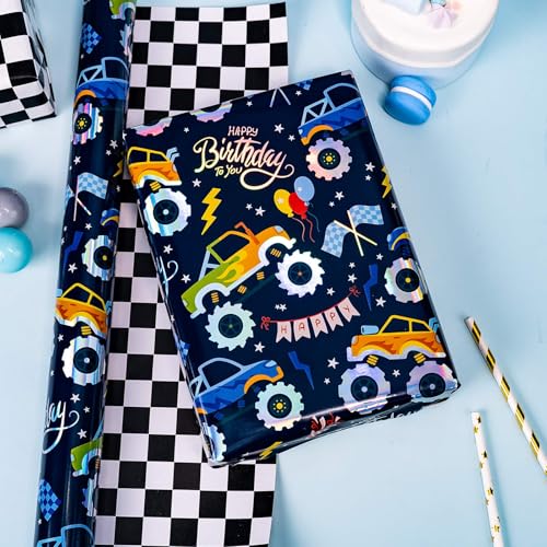 MAYPLUSS Monster Truck Wrapping Paper Roll, Reversible Checkered Flag Birthday Gift Wrap, Perfect for Kids and Boys Birthdays, 17 Inch x 33 Feet - Image 2