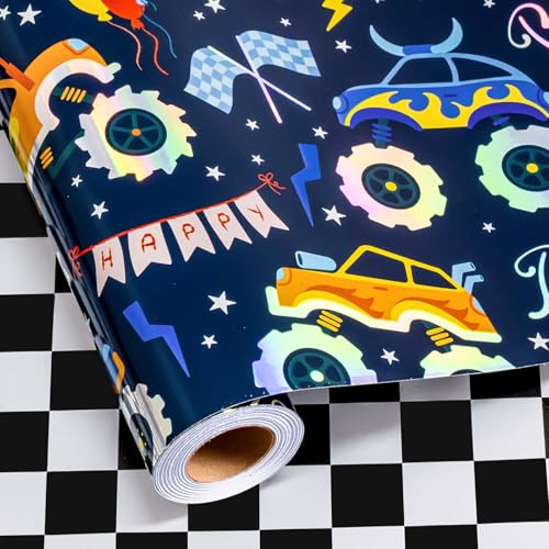 MAYPLUSS Monster Truck Wrapping Paper Roll, Reversible Checkered Flag Birthday Gift Wrap, Perfect for Kids and Boys Birthdays, 17 Inch x 33 Feet - Image 1