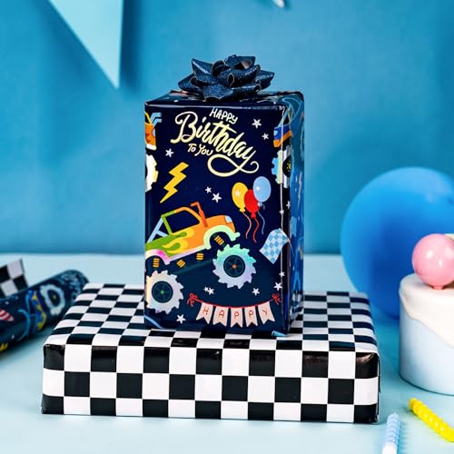 MAYPLUSS Monster Truck Wrapping Paper Roll, Reversible Checkered Flag Birthday Gift Wrap, Perfect for Kids and Boys Birthdays, 17 Inch x 33 Feet - Image 5