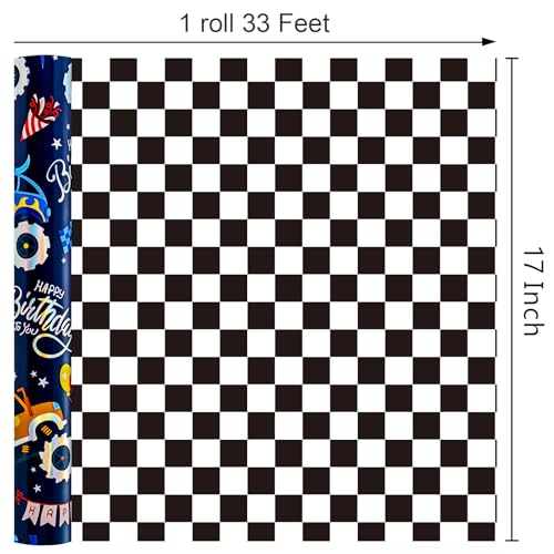MAYPLUSS Monster Truck Wrapping Paper Roll, Reversible Checkered Flag Birthday Gift Wrap, Perfect for Kids and Boys Birthdays, 17 Inch x 33 Feet - Image 4