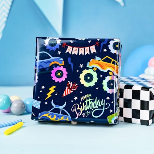 MAYPLUSS Monster Truck Wrapping Paper Roll, Reversible Checkered Flag Birthday Gift Wrap, Perfect for Kids and Boys Birthdays, 17 Inch x 33 Feet - Image 3