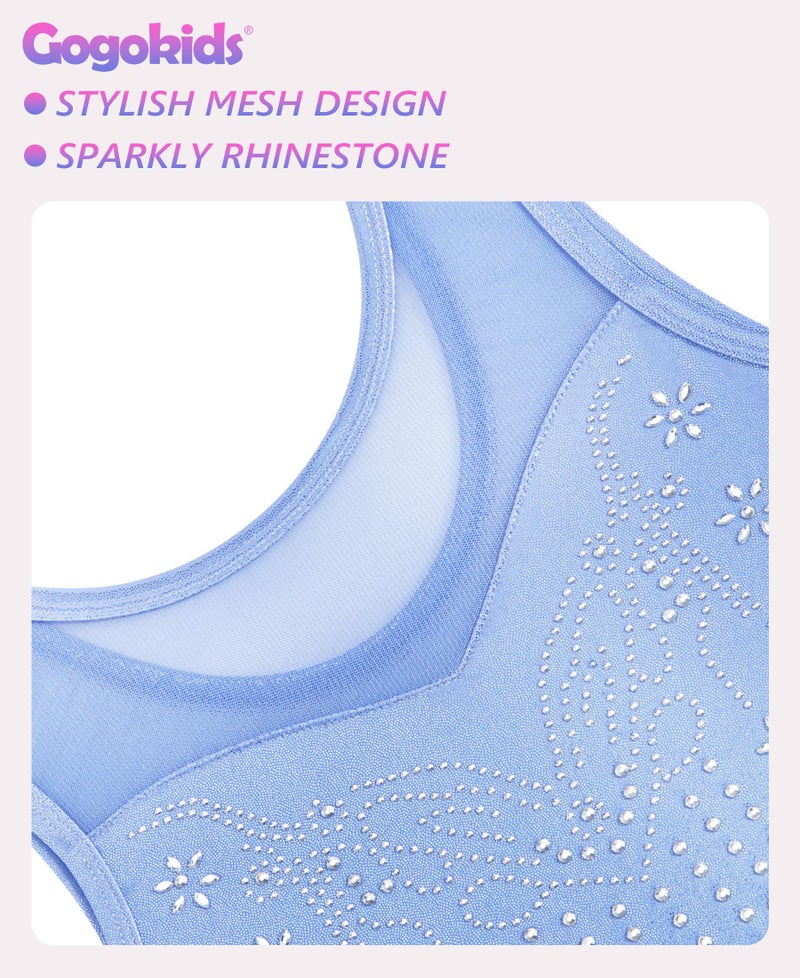 Gogokids Gymnastics Leotards for Girls Sparkly Rhinestone Mesh Dance Unitards Biketards with Shorts Activewear, Blue, 8-9 Years - Image 3