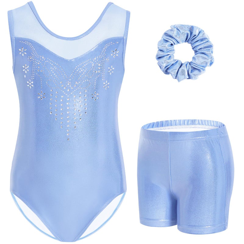 Gogokids Gymnastics Leotards for Girls Sparkly Rhinestone Mesh Dance Unitards Biketards with Shorts Activewear, Blue, 8-9 Years - Image 1