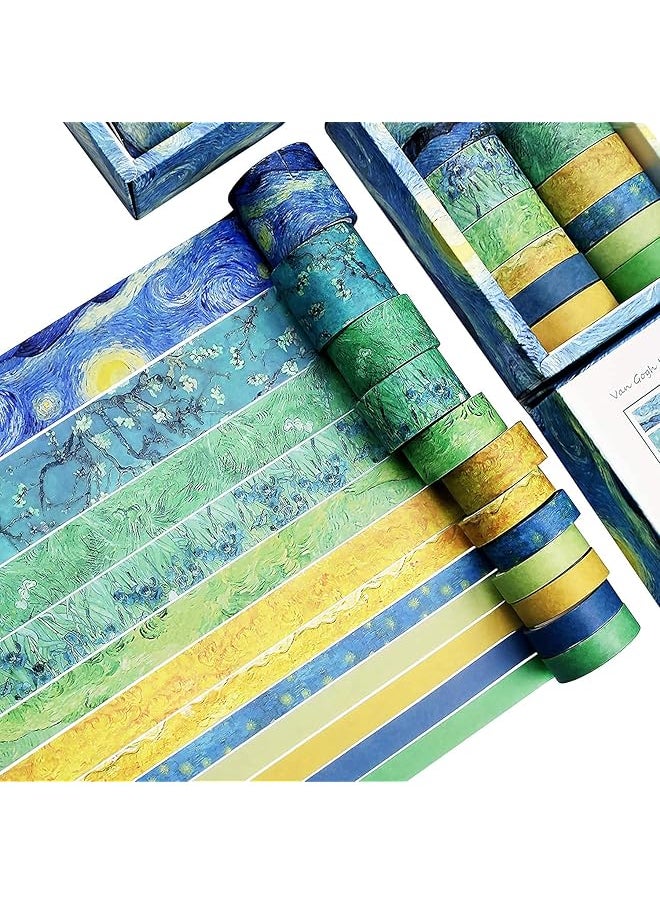 SYOSI - Washi Tape Set Of 12 Rolls Van Gogh Starry Night Decorative Green Leaves Floral Blue Yellow Washi Masking Tape Sets For Craft Kids Scrapbook Diy Gift Wrapping - Image 1