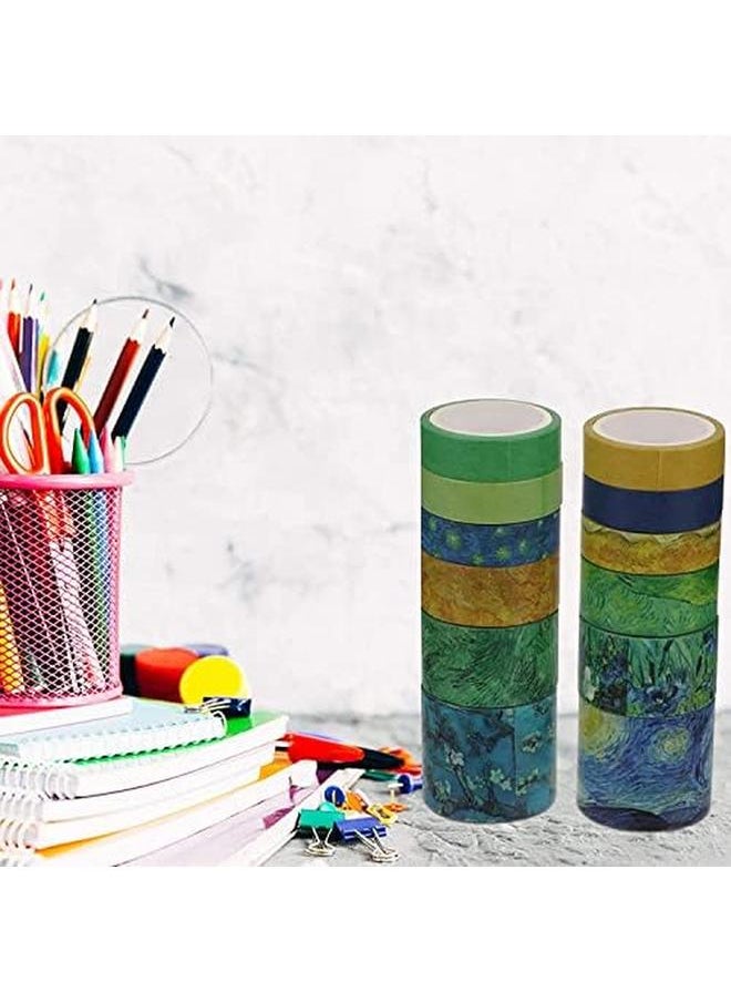 SYOSI - Washi Tape Set Of 12 Rolls Van Gogh Starry Night Decorative Green Leaves Floral Blue Yellow Washi Masking Tape Sets For Craft Kids Scrapbook Diy Gift Wrapping - Image 1