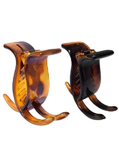 Parcelona French 3 Teeth Savana And Tortoise Shell Set Of 2 Fish Style Ponytail Holder Strong Grip Jaw Hair Claw Clip Clamps  - Image 2