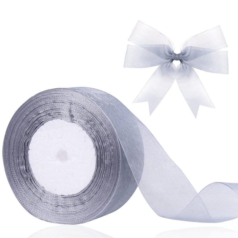 Hiswan 15 inch Sheer Organza Ribbon Silver Chiffon Ribbon for Gift Wrapping Christmas Halloween Decoration Wedding Bouquet Crafts 50 Yards