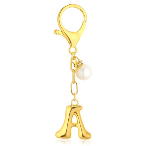 VICKHU Gold Plated Bubble Initial Letter Cute Keychain for Women Car Key Purse Decorative Keyring Handbag Charms Fashion (A, Gold-Pearl) - Image 1