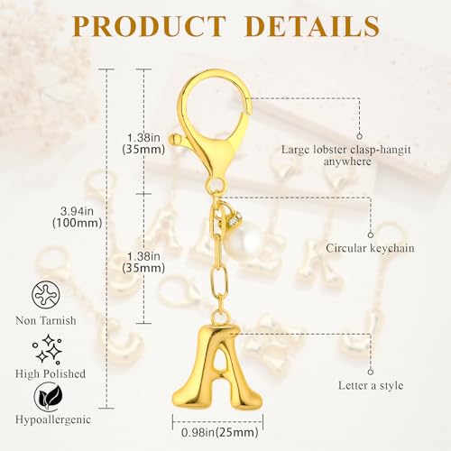 VICKHU Gold Plated Bubble Initial Letter Cute Keychain for Women Car Key Purse Decorative Keyring Handbag Charms Fashion (A, Gold-Pearl) - Image 2